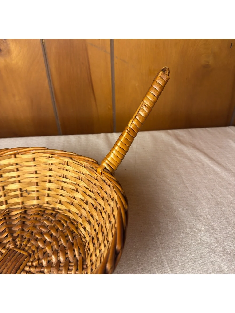 Vintage Wicker Serving Basket With Long Handle Round Handwoven Farmhouse Decor